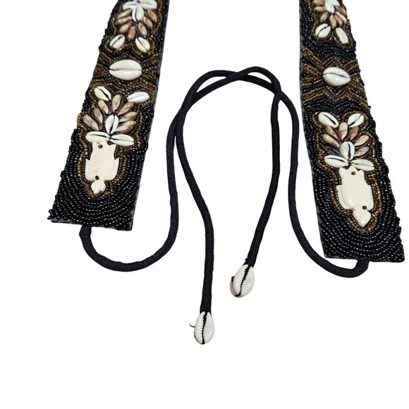Handcrafted Beaded Black Beige‎ Bohemian Belt Cowrie Shells Carved Turtle Tie - Picture 4 of 11